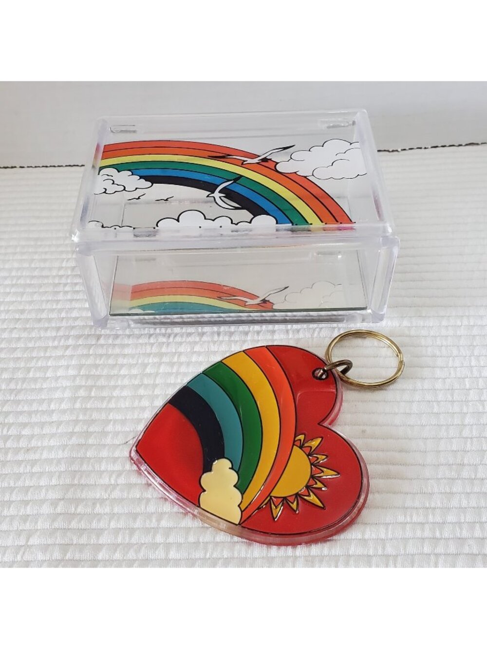 Rainbow Trinket Jewelry Box Keychain Hinged Clear Plastic Mirror Sun Clouds 80s
